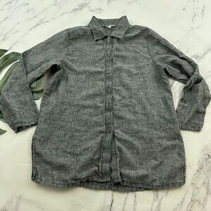 Earth Song Womens Linen Tunic Top Size XL Gray Chambray Leaf Buttons Lagenlook